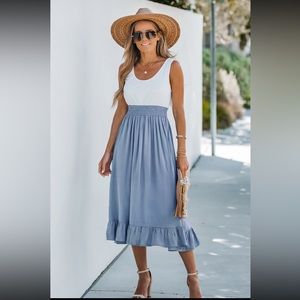 NWT: Cupshe Ruffled Scoop Neck A-shape Dress. Blue and white, size L